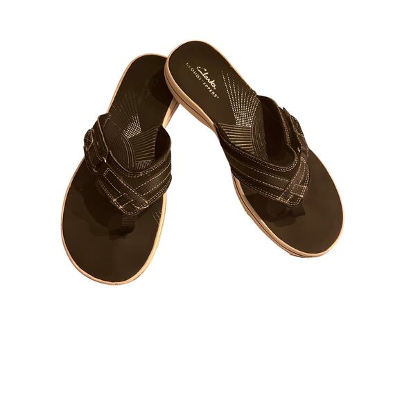 Clarks Cloudsteppers Sandals Flip Flops Women’s Sz 10M Black White Trim Comfort - Picture 1 of 8